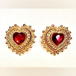 Avon Vintage 1994 Gold Heart Clip Earrings with Red Gemstone